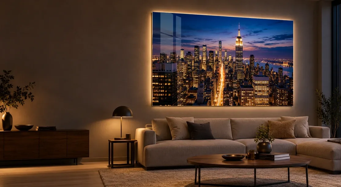 Foto en metacrilato iluminada con una vista urbana nocturna en un salón moderno